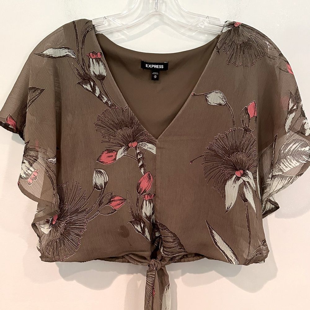 Express Tie Front Crop Blouse Women's XS Olive Green Flutter Sleeve Lined